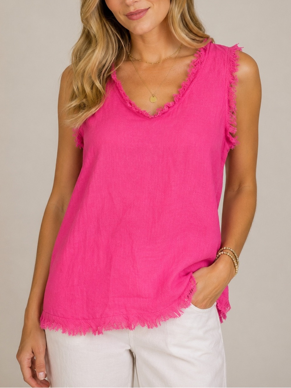 Beyond Capri Made in Italy Linen Cotton Frayed Trim Pink Tank Top One Size Boho